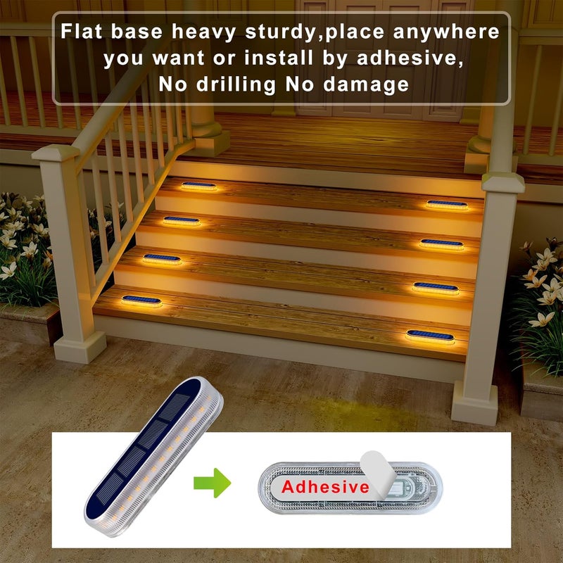 DetarZinLED Solar Step Lights Outdoor Waterproof LED, 4 Pack Warm White Flat Solar Powered Deck Lights for Outside, Stick on Light Bar for Stair, Dock, Patio, Garden, Path, Walkway, Driveway, Porch - Image 3